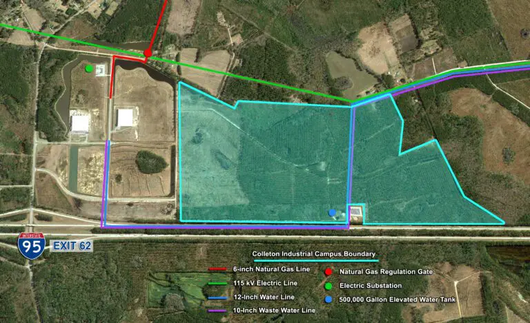 Aerial map of the Colleton Industrial Campus boundary near Interstate 95 Exit 62, with a legend marking natural gas, electric, water, and wastewater lines