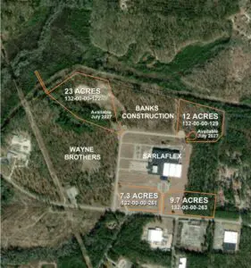 Aerial parcel map of Venture Park showing subdivided acreage tracts including Banks Construction, Wayne Brothers, and Sarlaflex sites, with parcels available July 2027