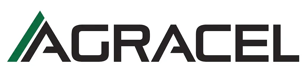 Agracel logo: bold black text with a green diagonal stripe forming the "A"