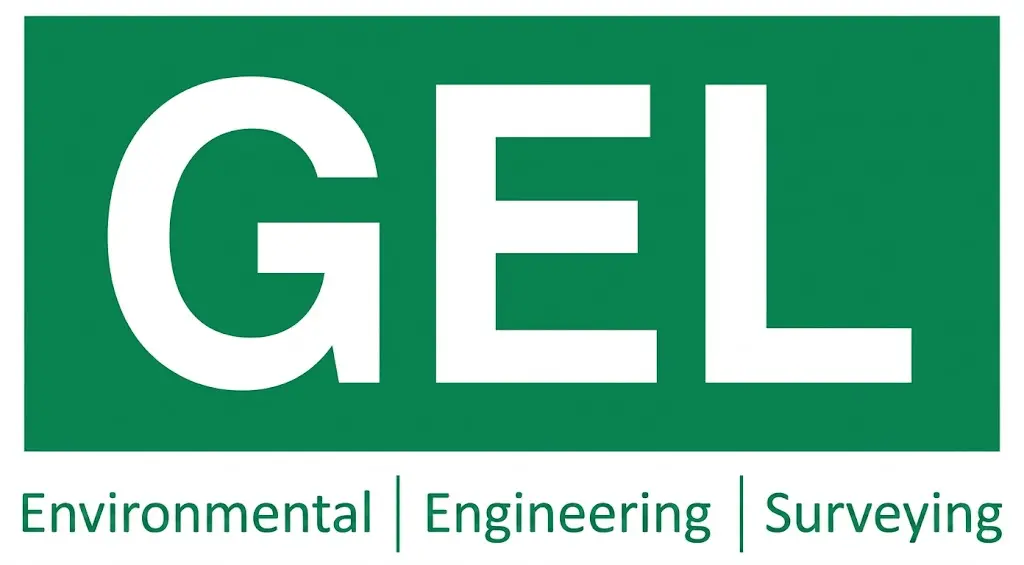 GEL logo: white letters on a green rectangle with tagline "Environmental | Engineering | Surveying"