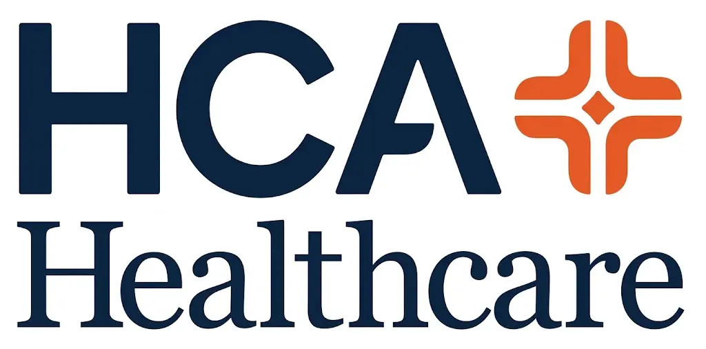 HCA Healthcare logo: bold navy letters "HCA" beside an orange cross icon, above the script text "Healthcare"