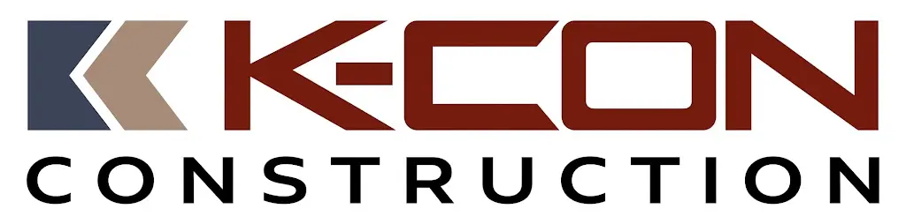 K-CON Construction logo: a navy and tan chevron icon beside the bold red text "K-CON" above "Construction"