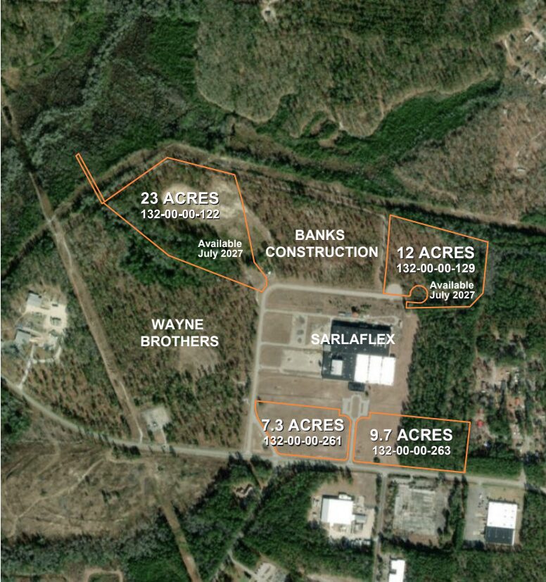 Aerial parcel map of Venture Park showing subdivided acreage tracts including Banks Construction, Wayne Brothers, and Sarlaflex sites, with parcels available July 2027